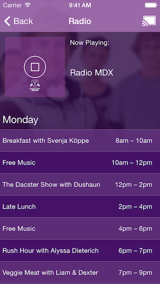 Screenshot of iPhone Student Radio App with Chromecast Support